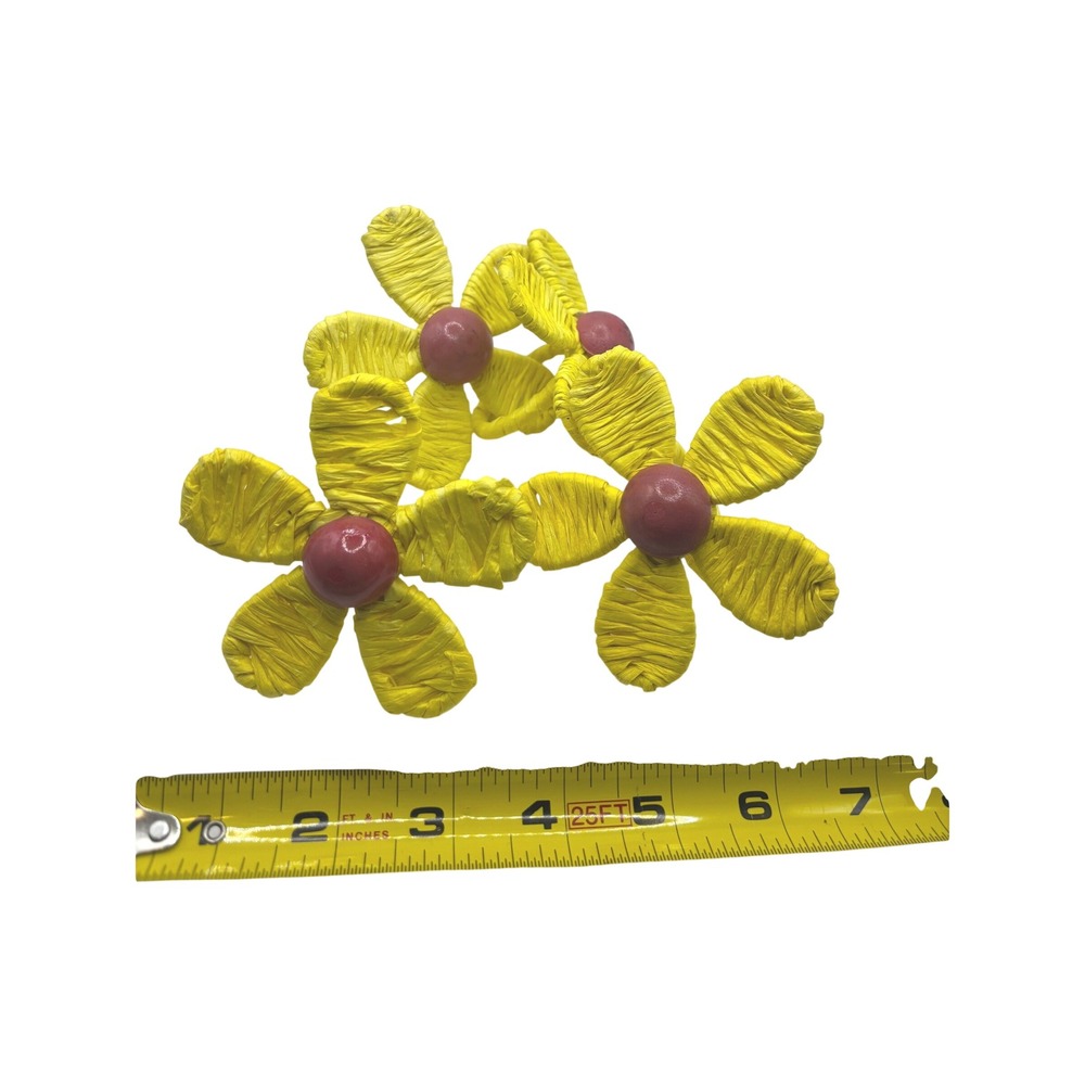 Vintage Woven Napkin Rings Yellow Raffia Flower Boho Table Decor Set of 4